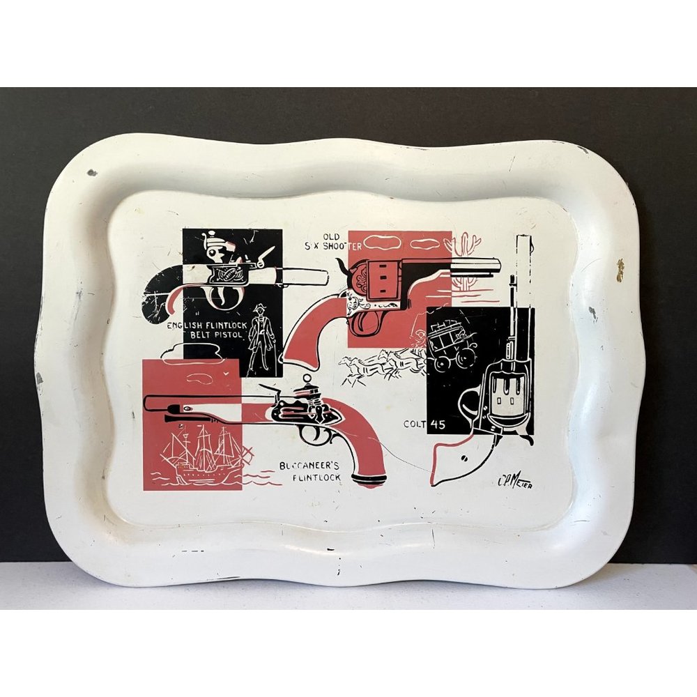 Vintage C.P Meier metal tray guns RARE Colt 45 Six Shooter MCM Flintlock serving